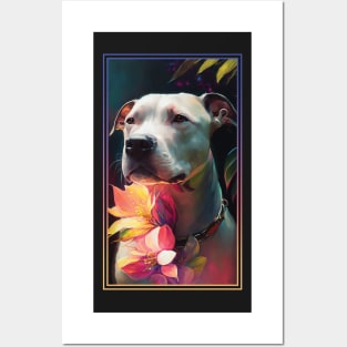 American Staffordshire Terrier Pitbull Vibrant Tropical Flower Tall Digital Oil Painting Portrait  7 Posters and Art